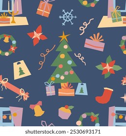 Modern Christmas vector seamless pattern. Hand drawn festive Christmas tree, window decorated with garland, ribbons on dark blue background, flat geometric style. Happy New Year eve repeated design