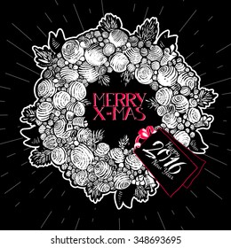 Modern Christmas wreath with Merry Xmas text greetings. Vector hand drawn background. Modern styled traditional decor. Engraving logo element.