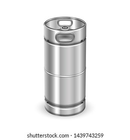 Modern Chrome Metal Beverage Keg Barrel Vector. Blank Tall Steel Keg For Transportation Delivery To Bar And Alcohol Drink Buffer Storage On Warehouse. Container Realistic 3d Illustration