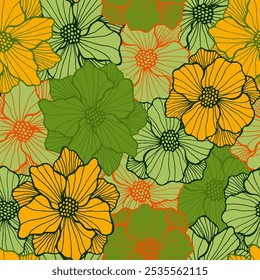 Muestra sin fisuras de flor de crisantemo moderno. Fondo de ramo dibujado a mano. Flor de amapola con pétalos de doodle. Estampado de mantel. Flor de campo patrón periódico de verano Día de la madre Vector.