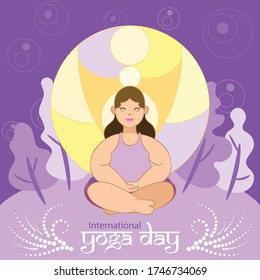 Modern chubby woman meditation illustration with purple background