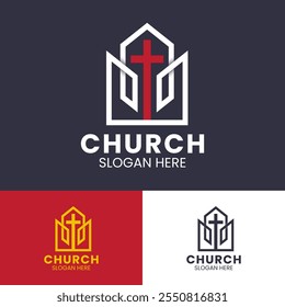 Modern Church Logo with Cross and Geometric Design. Elegant and modern church logo featuring a red cross within a geometric structure. Perfect for churches, ministries, and religious organizations