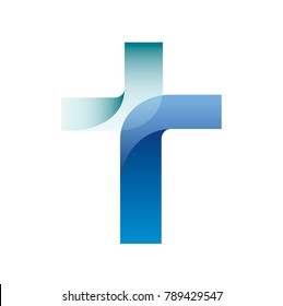 Modern church logo with with folded overlaying blue shapes and aqua teal gradients. Christian symbol for baptist or lutheran denomination