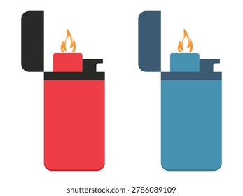 Modern Cigarette Lighter Icons with Fire Flame Vector Set – Flat Style Pocket Lighter Collection in Different Colors