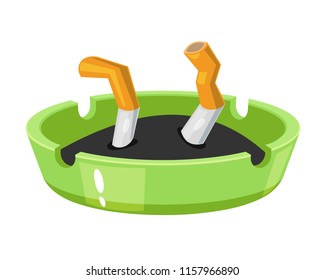 Modern cigarettes with a filter, a smoking cigar with tobacco, a concept of smoking, bad habits. Crumpled bulls, broken cigarettes and tobacco in an ashtray. Vector illustration isolated.