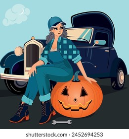 A modern Cinderella who repairs cars. The illustration shows a girl mechanic with a pumpkin and a car.