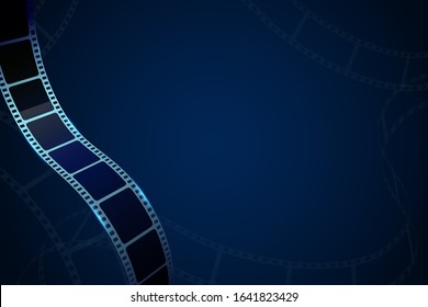 Modern cinema background with realistic 3D cinema film strip in perspective isolated on blue backdrop. Vector template cinema festival with place for text. Movie design for brochure, poster, banner.
