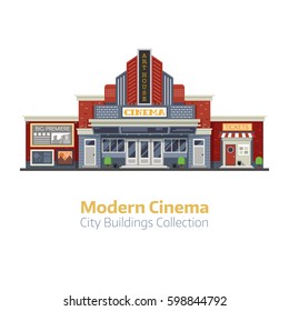 Modern cinema building facade isolated on white background. Movie theater exterior vector illustration. City culture and entertainment landmark with sign board and ticket office.