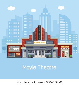 Modern cinema building facade with sign boards and ticket office on downtown background. Movie theater exterior vector illustration. Web banner with city culture and entertainment landmark.