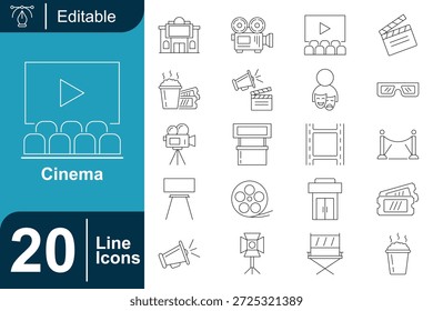 modernes Kinozeilen-Icon-Set, das Film-, Theater-, Film-, Ticket-, Kamera-, Clapperboard-, Popcorn- und Screening-Konzepte illustriert. Minimale Vektorgrafiken, vollständig editierbar für Medien- und Unterhaltungsdesigns.