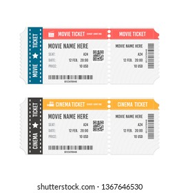 Modern cinema or movie tickets isolated on white background. Realistic front view vector illustration.