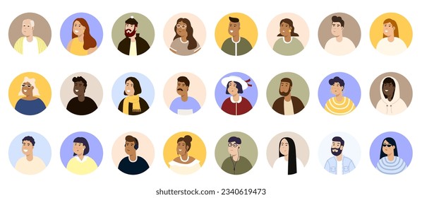 Modern circle avatars set. Characters faces, head portraits. Women and men heads in flat style. Vector illustration EPS10