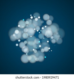 Modern circle bokeh lights texture backdrop. White abstract snowflakes over dark blue background. Blurred bokeh lights flare effect round particles xmas banner backdrop