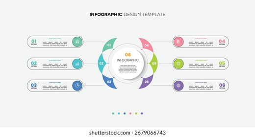 Modelo de infográfico de gráfico de círculo moderno com 6 opções para apresentações. Modelo de gráfico de diagrama infográfico 6 para negócios 6, opções, apresentação com elementos de diagrama, infográficos