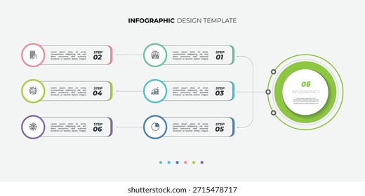 Plantilla de infografía de gráfico circular moderno con 6 opciones para presentaciones. Infografía 6 Plantilla de diagrama para negocios 6, opciones, presentación con Elementos de diagrama, infografías