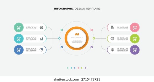 Plantilla de infografía de gráfico circular moderno con 6 opciones para presentaciones. Infografía 6 Plantilla de diagrama para negocios 6, opciones, presentación con Elementos de diagrama, infografías