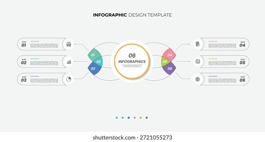 Modelo de infográfico de gráfico de círculo moderno com 6 opções para apresentações. Modelo de gráfico de diagrama infográfico 6 para negócios 6, opções, apresentação com elementos de diagrama, infográficos
