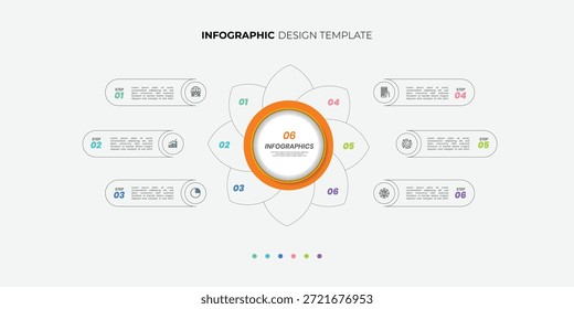 Plantilla de infografía de gráfico circular moderno con 6 opciones para presentaciones. Infografía 6 Plantilla de diagrama para negocios 6, opciones, presentación con Elementos de diagrama, infografías