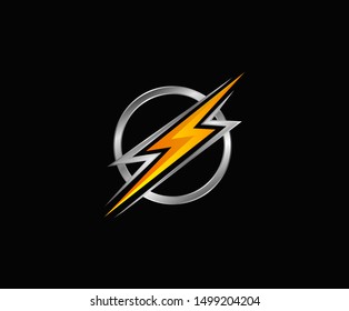Modern circle electric logo icon, metal circle with thunder shape.