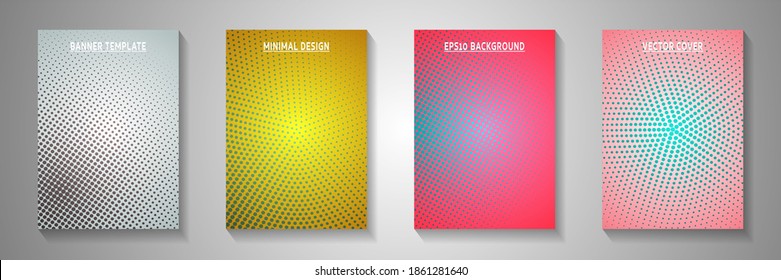 Modern circle faded screen tone cover page templates vector kit. School journal perforated screen tone backdrops. Vintage manga comics style front page leaflets. Linear design.