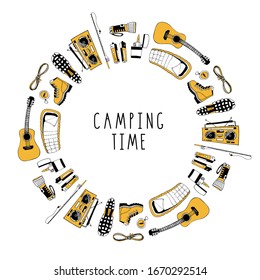 Modern circle frame for hiking, traveling design. Pattern with camping symbols. Boots, flashlight, rope, sleeping bag, compass, fishing rod. Campfire songs. Guitar and boombox radio receiver