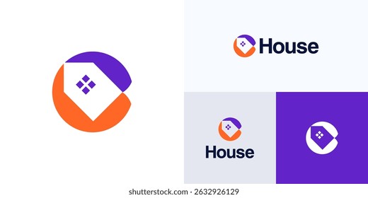 Círculo moderno com sinal de casa em espaço negativo, ícone de logotipo design vetor elemento editável, símbolo premium criativo letra inicial C com conceito de casa para imóveis, construção e identidade de negócios