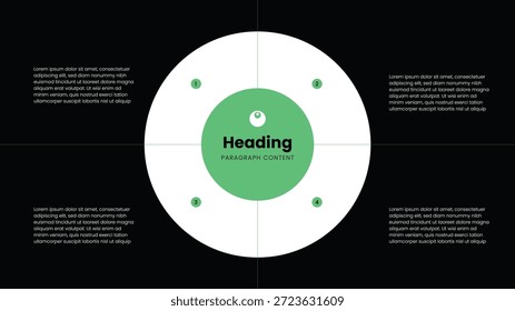 Layout de infográfico de círculo moderno. Grade de quatro passos de quadrante. Visualização de dados de seções de conteúdo. Diagramas de fluxo de trabalho apresentações de negócios com informações abstratas de apresentação. Planos de marketing, corporativos