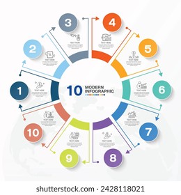 Plantilla de infografía de círculo moderno con 10 pasos, proceso u opciones, diagrama de proceso, Utilizado para diagrama de proceso, presentaciones, diseño de flujo de trabajo, diagrama de flujo, infografía. Ilustración del vector eps10.