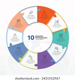 Modern circle infographic template with 10 steps, process or options, process chart, Used for process diagram, presentations, workflow layout, flow chart, infograph. Vector eps10 illustration.