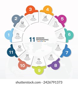 Modern circle infographic template with 11 steps, process or options, process chart, Used for process diagram, presentations, workflow layout, flow chart, infograph. Vector eps10 illustration.