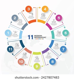 Modern circle infographic template with 11 steps, process or options, process chart, Used for process diagram, presentations, workflow layout, flow chart, infograph. Vector eps10 illustration.