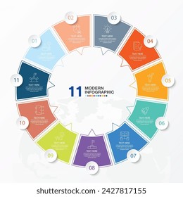 Modern circle infographic template with 11 steps, process or options, process chart, Used for process diagram, presentations, workflow layout, flow chart, infograph. Vector eps10 illustration.