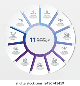 Modern circle infographic template with 11 steps, process or options, process chart, Used for process diagram, presentations, workflow layout, flow chart, infograph. Vector eps10 illustration.