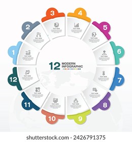 Modern circle infographic template with 12 steps, process or options, process chart, Used for process diagram, presentations, workflow layout, flow chart, infograph. Vector eps10 illustration.