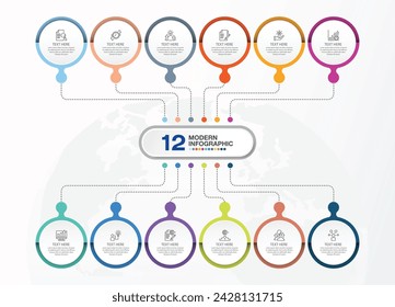 Plantilla de infografía de círculo moderno con 12 pasos, proceso u opciones, diagrama de proceso, Utilizado para diagrama de proceso, presentaciones, diseño de flujo de trabajo, diagrama de flujo, infografía. Ilustración del vector eps10.