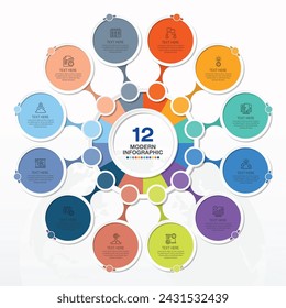 Modern circle infographic template with 12 steps, process or options, process chart, Used for process diagram, presentations, workflow layout, flow chart, infograph.