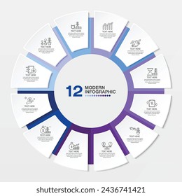 Plantilla de infografía de círculo moderno con 12 pasos, proceso u opciones, diagrama de proceso, Utilizado para diagrama de proceso, presentaciones, diseño de flujo de trabajo, diagrama de flujo, infografía. Ilustración del vector eps10.