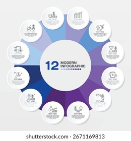Modern circle infographic template with 12 steps, process or options, process chart, Used for process diagram, presentations, workflow layout, flow chart, infograph. Vector eps10 illustration.