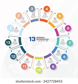 Modern circle infographic template with 13 steps, process or options, process chart, Used for process diagram, presentations, workflow layout, flow chart, infograph. Vector eps10 illustration.