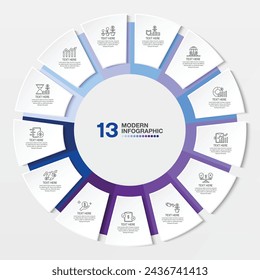 Modern circle infographic template with 13 steps, process or options, process chart, Used for process diagram, presentations, workflow layout, flow chart, infograph. Vector eps10 illustration.