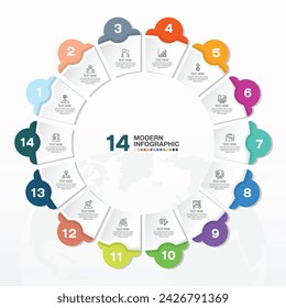 Modern circle infographic template with 14 steps, process or options, process chart, Used for process diagram, presentations, workflow layout, flow chart, infograph. Vector eps10 illustration.