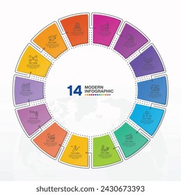 Modern circle infographic template with 14 steps, process or options, process chart, Used for process diagram, presentations, workflow layout, flow chart, infograph. Vector eps10 illustration.