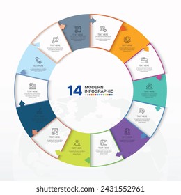 Modern circle infographic template with 14 steps, process or options, process chart, Used for process diagram, presentations, workflow layout, flow chart, infograph. Vector eps10 illustration.