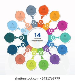 Modern circle infographic template with 14 steps, process or options, process chart, Used for process diagram, presentations, workflow layout, flow chart, infograph. Vector eps10 illustration.