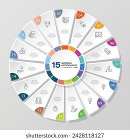 Moderne Kreis-Infografik-Vorlage mit 15 Schritten, Prozess oder Optionen, Prozessdiagramm, Verwendet für Prozessdiagramm, Präsentationen, Workflow-Layout, Flussdiagramm, Infograph. Vektor eps10-Darstellung.