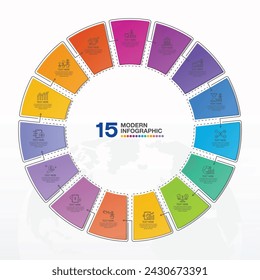 Modern circle infographic template with 15 steps, process or options, process chart, Used for process diagram, presentations, workflow layout, flow chart, infograph. Vector eps10 illustration.