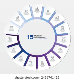 Moderne Kreis-Infografik-Vorlage mit 15 Schritten, Prozess oder Optionen, Prozessdiagramm, Verwendet für Prozessdiagramm, Präsentationen, Workflow-Layout, Flussdiagramm, Infograph. Vektor eps10-Darstellung.