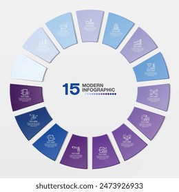 Plantilla de infografía circular moderna con 15 pasos, proceso u opciones, diagrama de proceso, utilizada para diagrama de proceso, presentaciones, diseño de flujo de trabajo, diagrama de flujo, infografía. ilustración del Vector eps10.