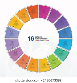 Modern circle infographic template with 16 steps, process or options, process chart, Used for process diagram, presentations, workflow layout, flow chart, infograph. Vector eps10 illustration.