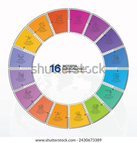 Modern circle infographic template with 16 steps, process or options, process chart, Used for process diagram, presentations, workflow layout, flow chart, infograph. Vector eps10 illustration.
